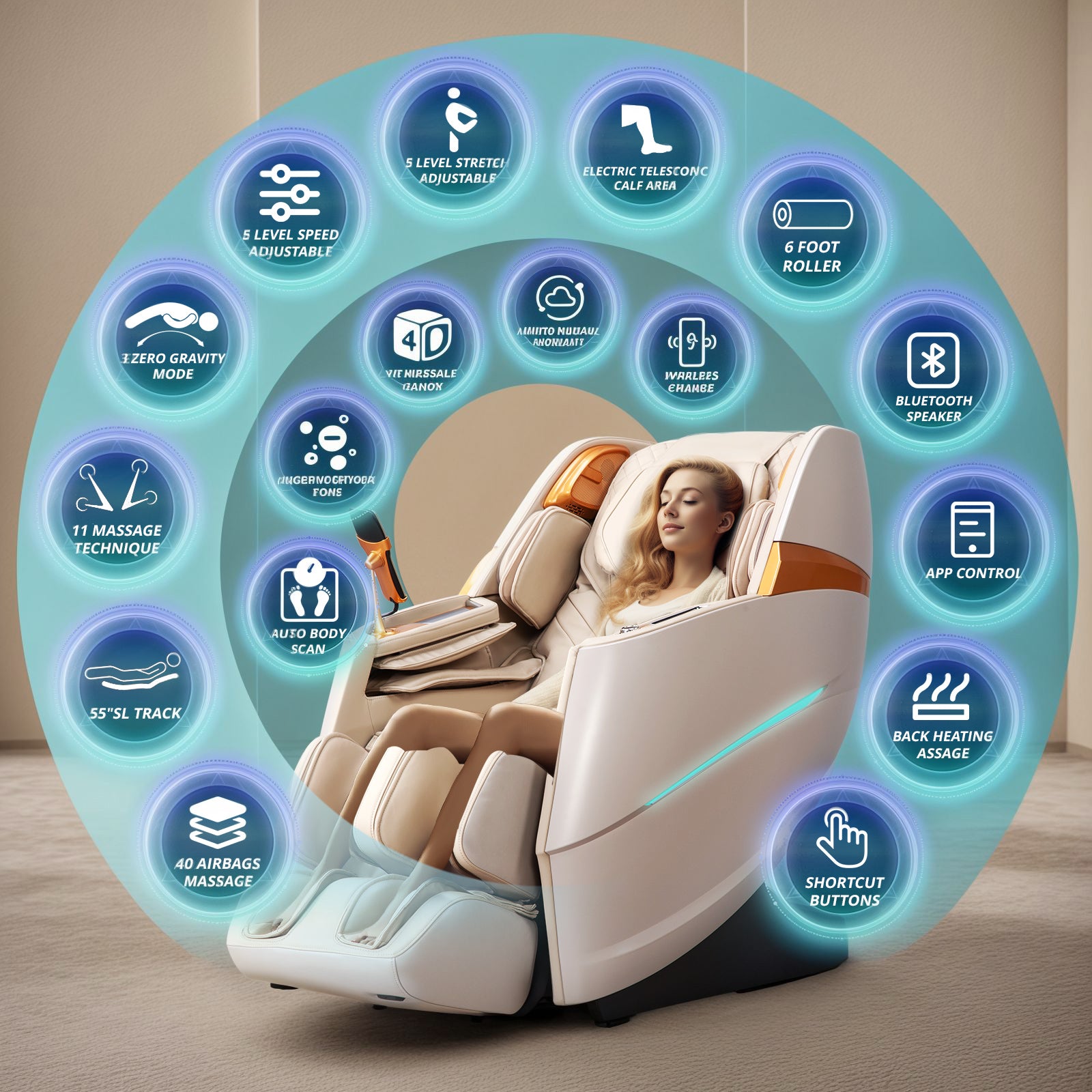 4D Massage Chair Full Body Zero Gravity Recliner - 55“ SL-Track,20 Auto Modes,11 Massage Technique,40 Airbags Massage,with Yoga Stretch,APP Control,Negative Oxygen lons(Beige)
